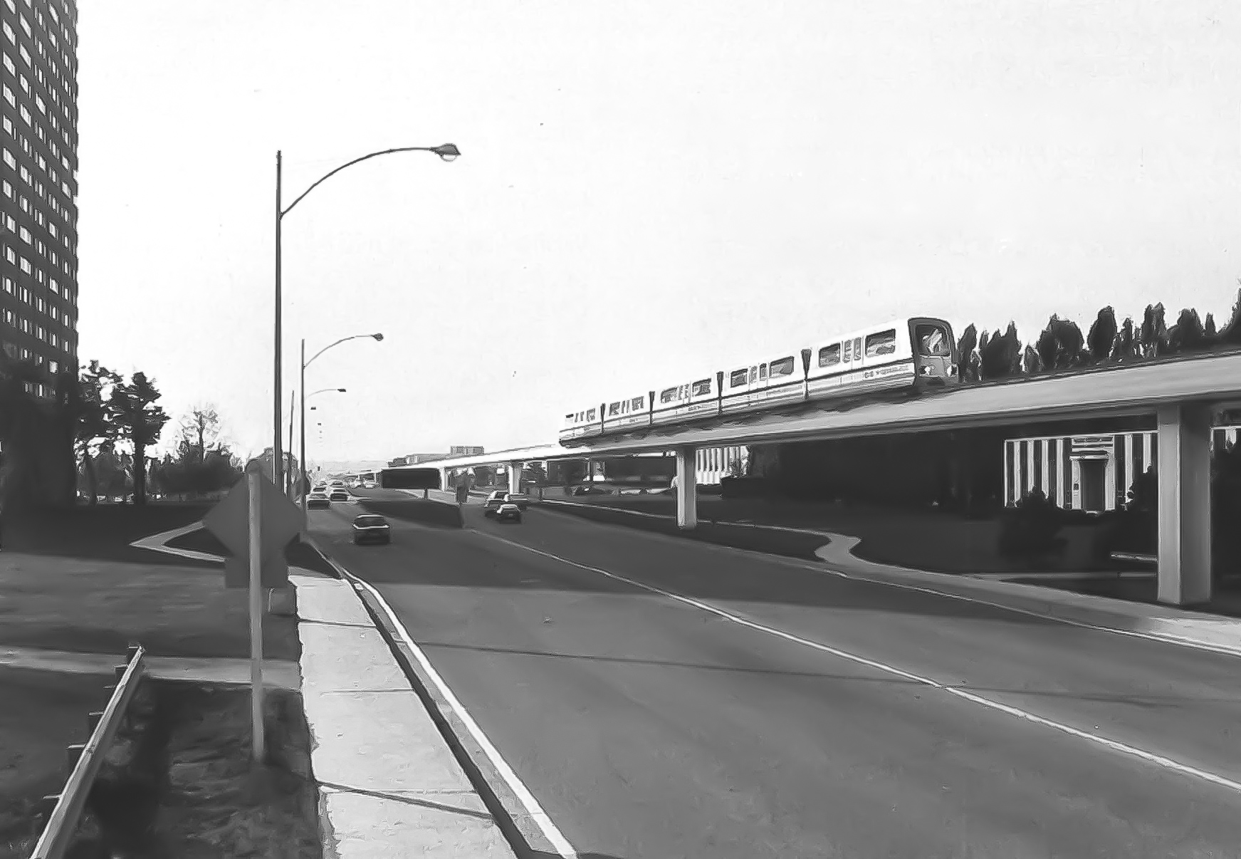 This image shows the proposed GO-Urban system running elevated along a street.